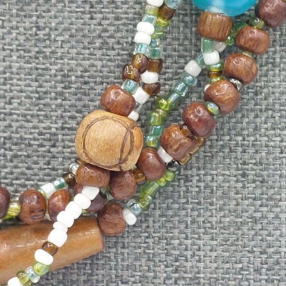 Multi Strand Necklace Colorful Green Brown Wood Glass Plastic Beaded Beads Boho - Picture 6 of 9